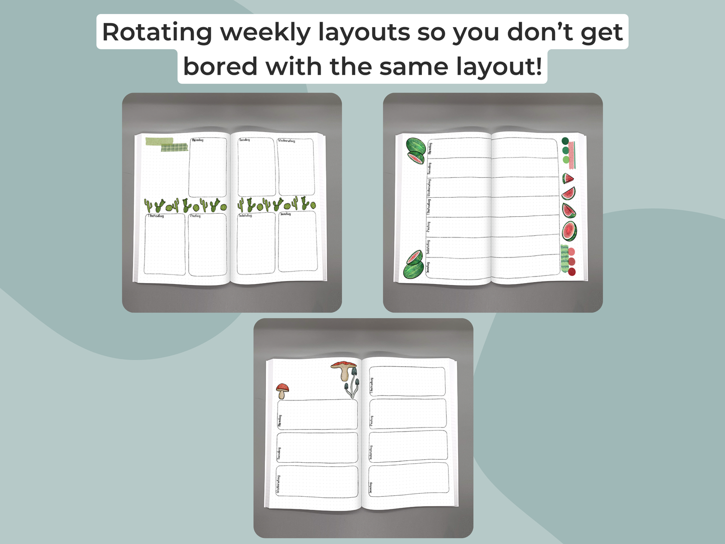 Weekly layout planner with different designs on a light blue background