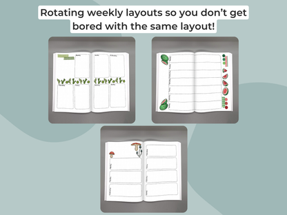 Weekly layout planner with different designs on a light blue background