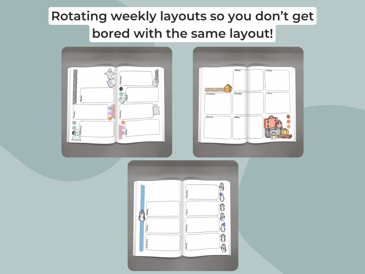 Three open planners with different weekly layout designs on a light blue background.