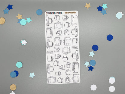 Vintage luggage colorable sticker sheet with 31 stickers for bullet journals.