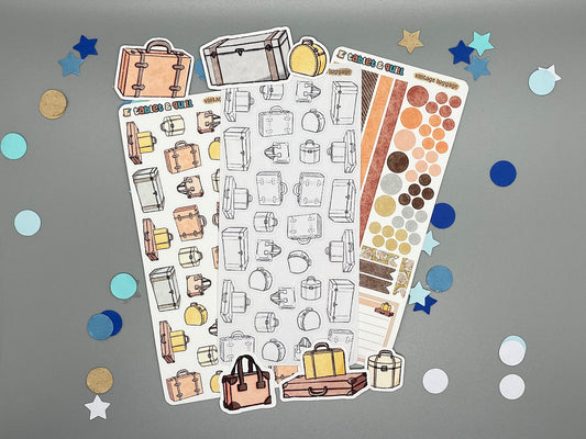 Set of vintage luggage themed stickers for bullet journals and planners. Set includes colorable sticker sheet, decorative sticker sheet, color sticker sheet, and die cut sticker flakes.