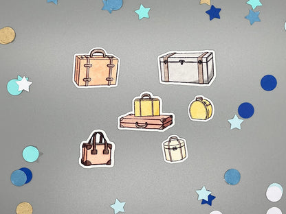 Set of vintage luggage themed die cut sticker flakes for bullet journals and planners.