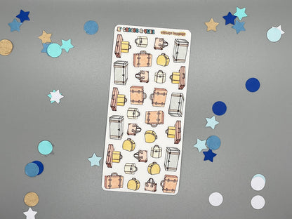 Vintage luggage sticker sheet in color with 31 stickers for bullet journals and planners.