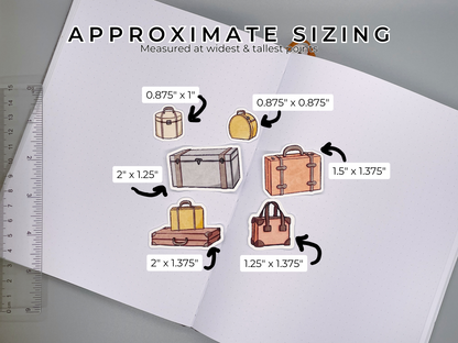 Set of vintage luggage themed die cut sticker flakes for bullet journals and planners. Approximate sizing with the smallest sticker 0.875" x 1" and the largest sticker is " x 1.25". Ruler for scale on the left.