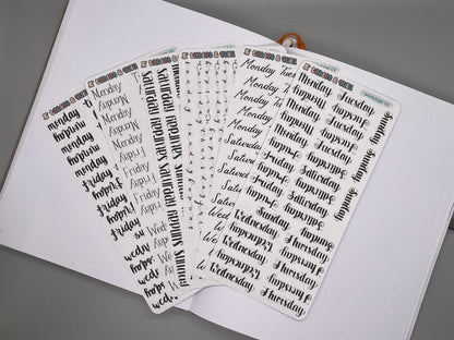 Weekday sticker sheets in 6 styles fanned out.
