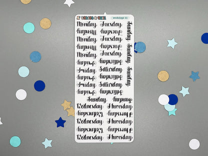 Sticker sheet of weekdays lettering in a script style. Named weekdays 01.