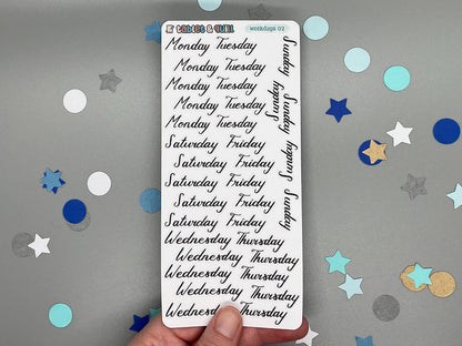 Sticker sheet of weekdays lettering in a slanted script style. Named weekdays 02.