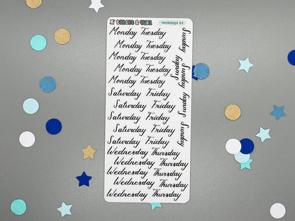 Sticker sheet of weekdays lettering in a slanted script style. Named weekdays 02.