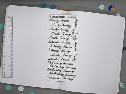Sticker sheet of weekdays lettering in a slanted script style. Named weekdays 02. Ruler for scale on left.