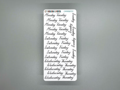 Sticker sheet of weekdays lettering in a slanted script style. Named weekdays 02.
