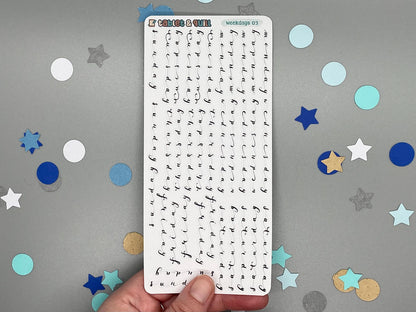 Sticker sheet of weekdays lettering in a script style. Named weekdays 03.