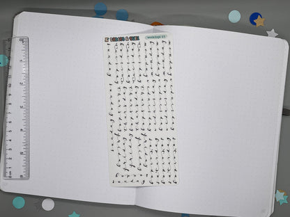 Sticker sheet of weekdays lettering in a script style. Named weekdays 03. Ruler for scale on left.