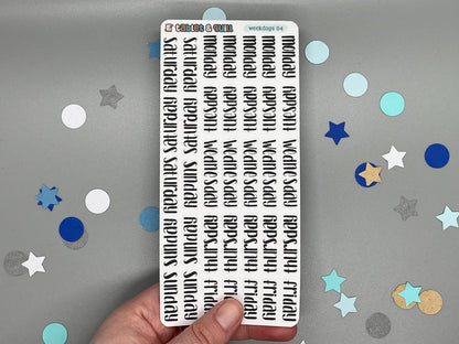 Sticker sheet of weekdays lettering in a unicase style. Named weekdays 04.