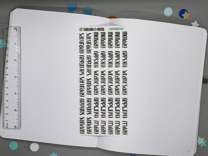 Sticker sheet of weekdays lettering in a unicase style. Named weekdays 04. Ruler for scale on left.