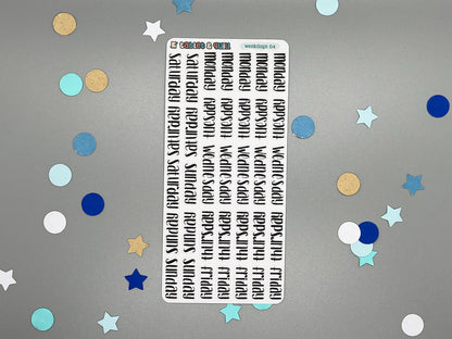 Sticker sheet of weekdays lettering in a unicase style. Named weekdays 04.