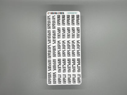 Sticker sheet of weekdays lettering in a unicase style. Named weekdays 04.