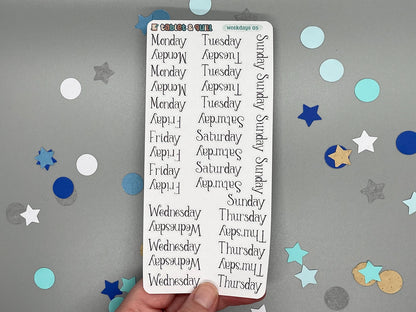 Sticker sheet of weekdays lettering in a serif style. Named weekdays 05.