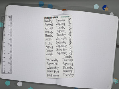 Sticker sheet of weekdays lettering in a serif style. Named weekdays 05. Ruler for scale on left.