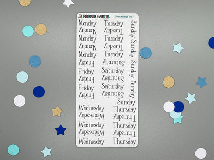 Sticker sheet of weekdays lettering in a serif style. Named weekdays 05.