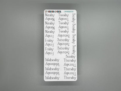Sticker sheet of weekdays lettering in a serif style. Named weekdays 05.