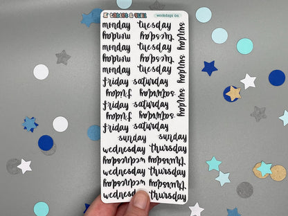 Sticker sheet of weekdays lettering in a script style. Named weekdays 06.