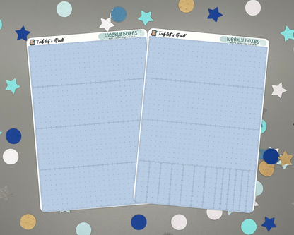Two weekly spread sticker sheets for bullet journal weekly spreads on a gray background with confetti.