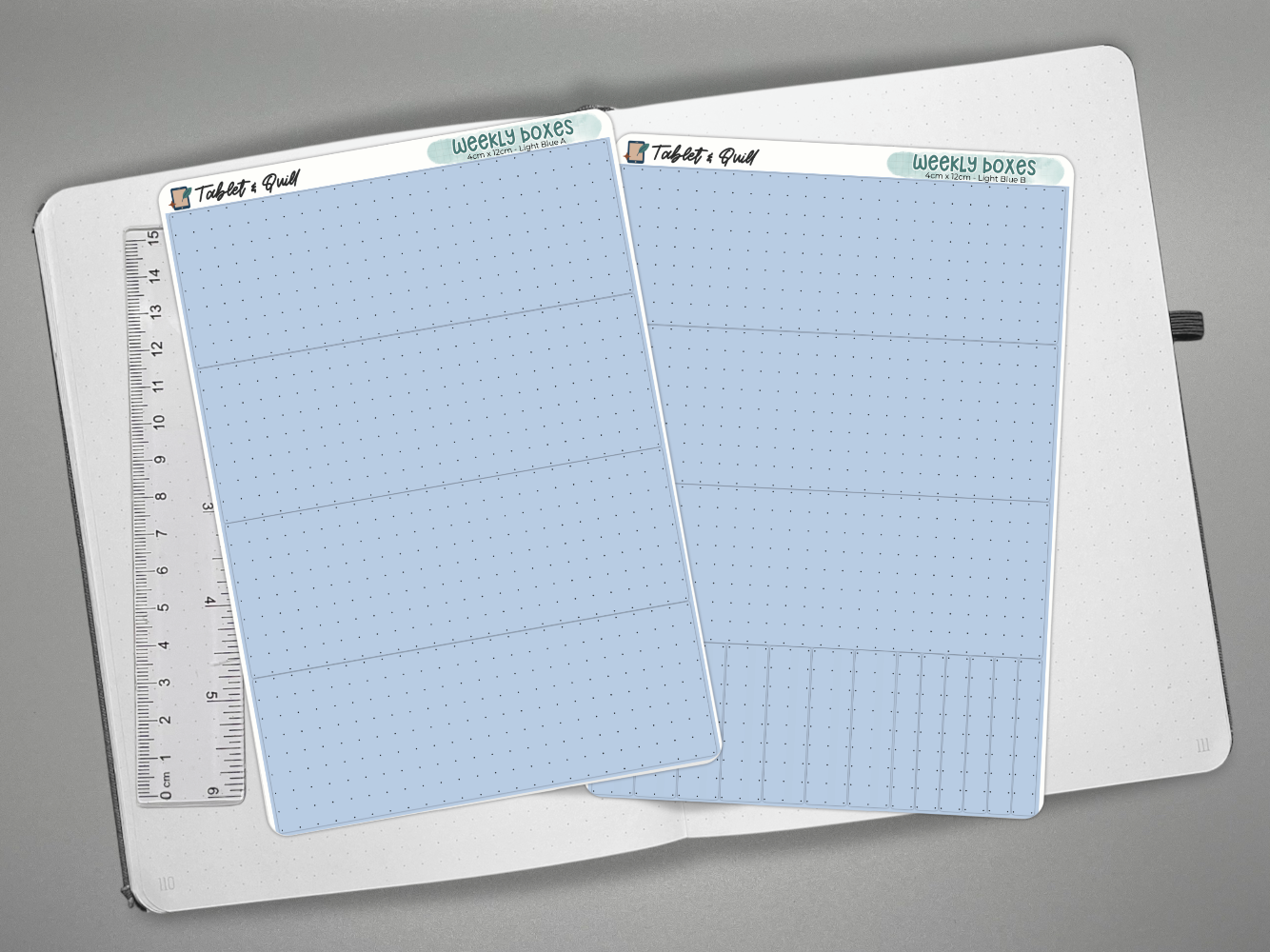 Two weekly spread sticker sheets for bullet journal weekly spreads on an open dot grid journal with a ruler for scale.