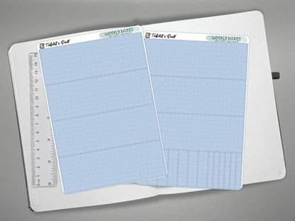 Two weekly spread sticker sheets for bullet journal weekly spreads on an open dot grid journal with a ruler for scale.