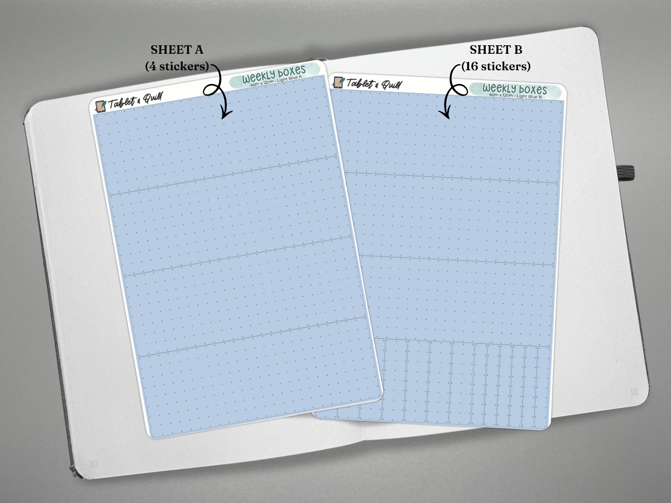 Two weekly spread sticker sheets for bullet journal weekly spreads on an open dot grid journal.