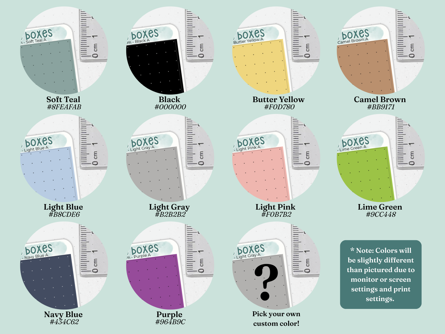 Color swatches for weekly spread stickers with various color options.