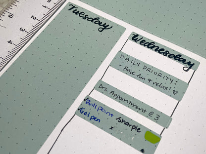 Weekly planner stickers with text on a grid background