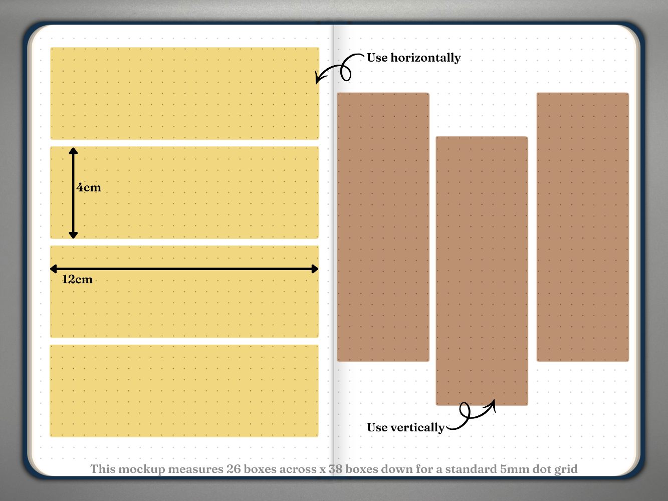 Weekly spread bullet journal mockup showing weekly box stickers horizontally and vertically.