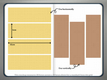 Weekly spread bullet journal mockup showing weekly box stickers horizontally and vertically.
