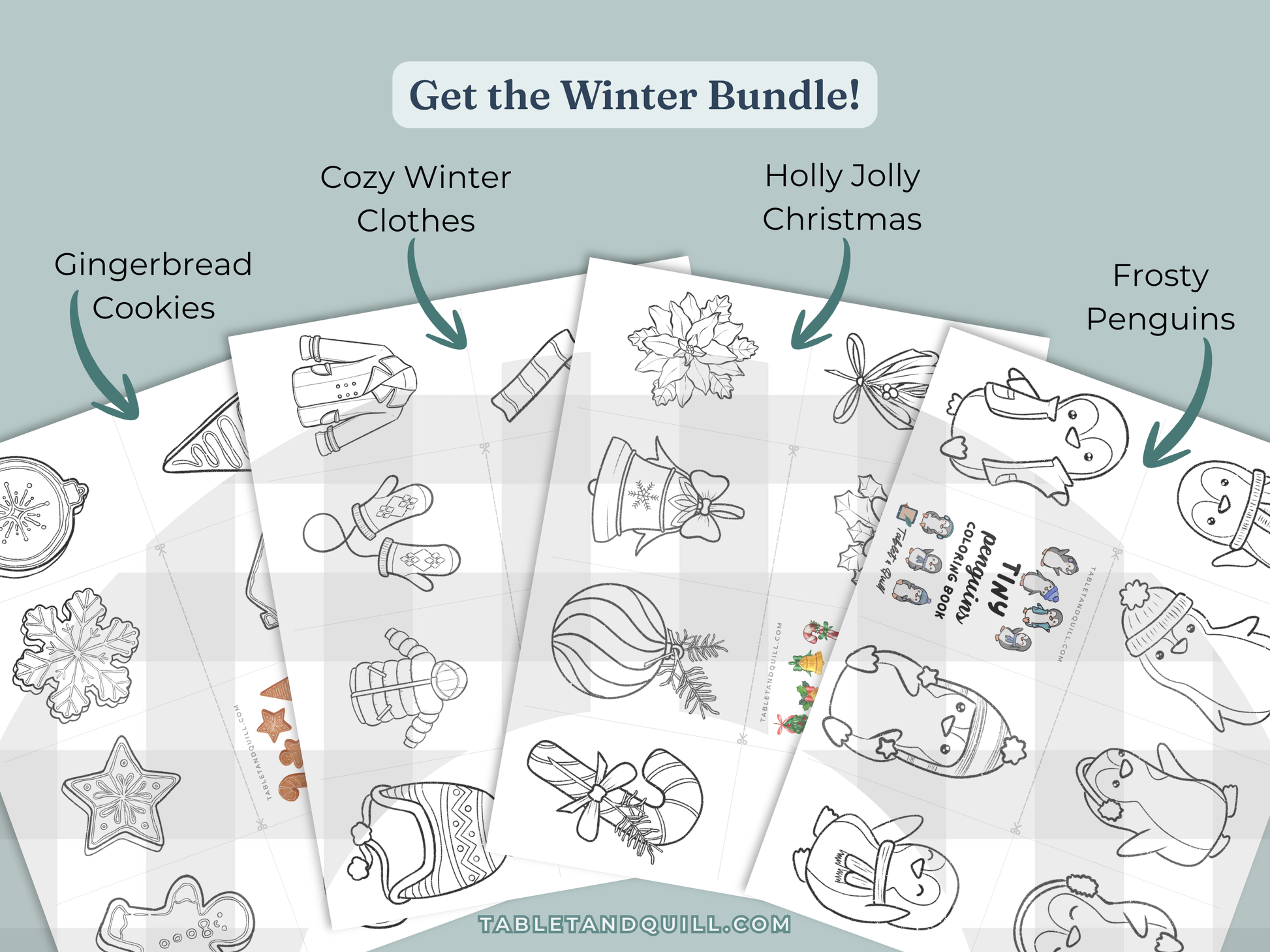 Coloring pages with winter-themed designs and text promoting a winter bundle.