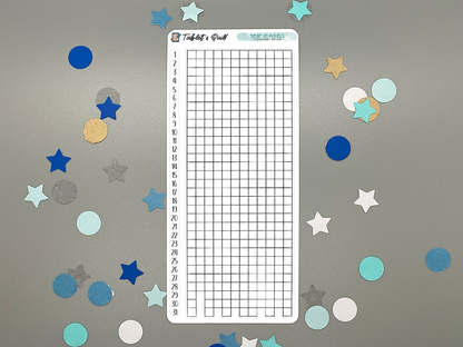 Year in pixels with vertical number strip sticker sheet for a regular 365-day year on a gray background with colorful stars and circles.