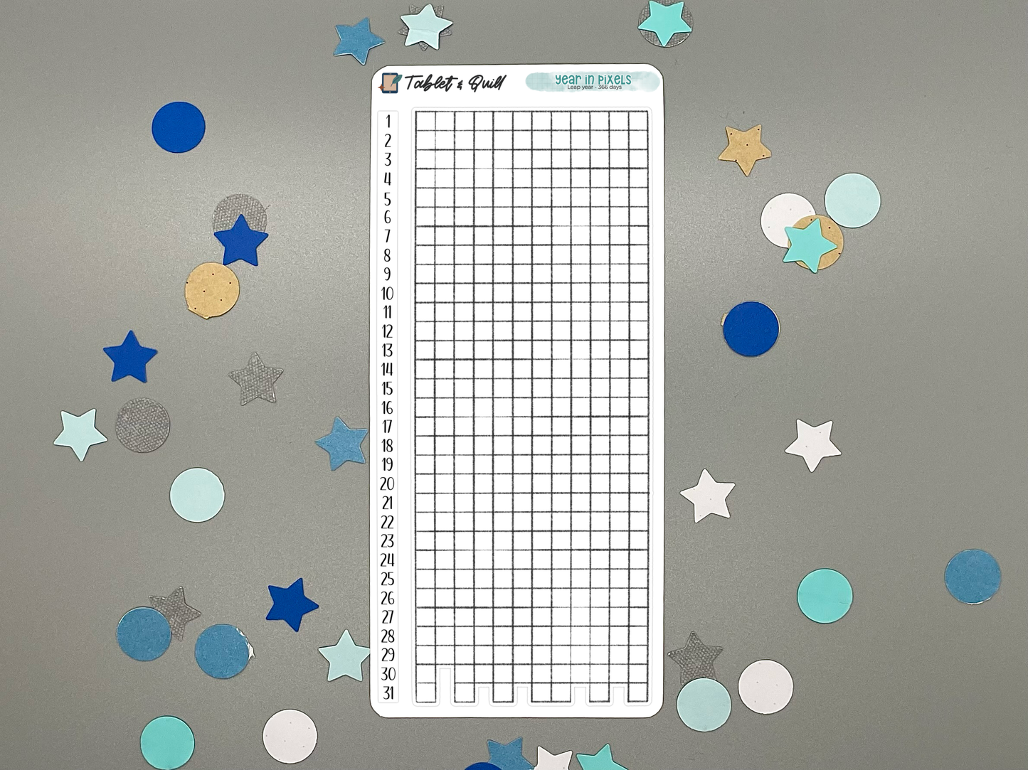 Year in pixels with vertical number strip sticker sheet for a leap 366-day year on a gray background with colorful stars and circles.