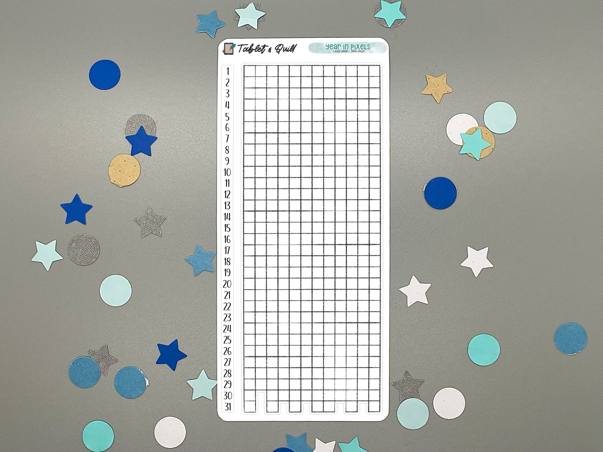 Year in pixels with vertical number strip sticker sheet for a leap 366-day year on a gray background with colorful stars and circles.